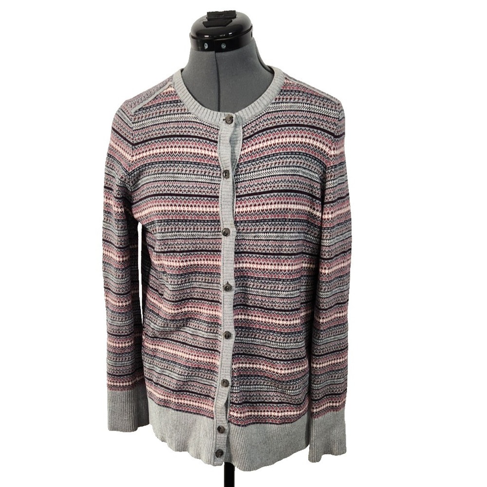 LL Bean Womens Small Gray Fair Isle Button Front Knit Cardigan Sweater